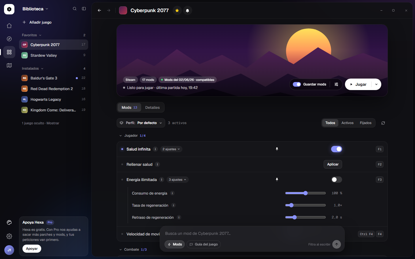 La app de Hexa con los mods de Cyberpunk 2077: salud infinita activada, energía ilimitada con sus ajustes y atajos de teclado a la derecha.