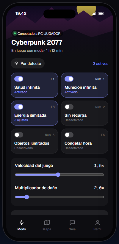 La app móvil de Hexa conectada al PC, con los mods de Cyberpunk 2077.