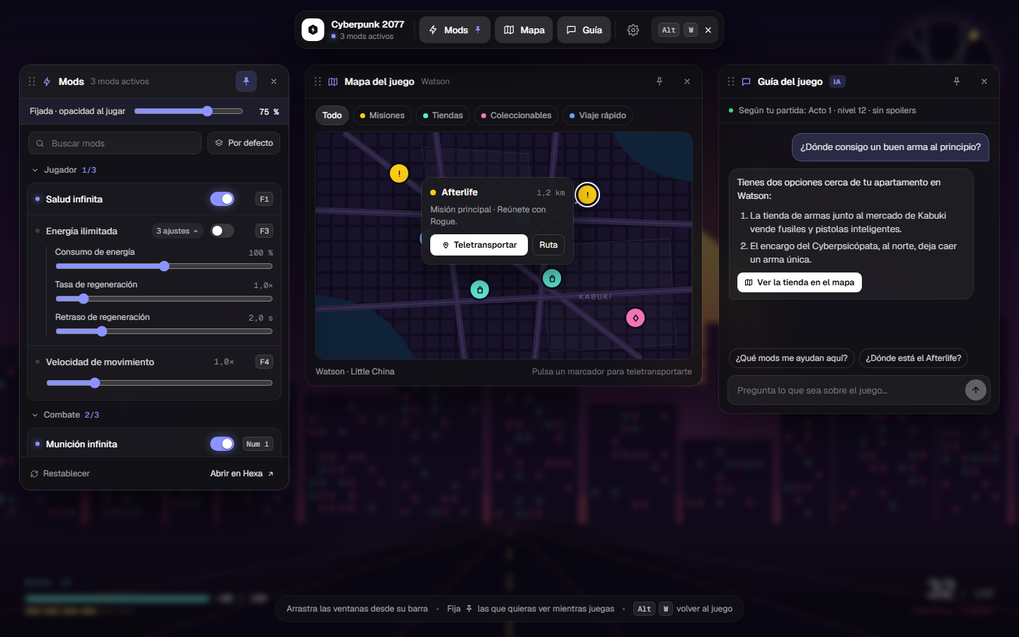 El overlay de Hexa sobre la partida, con las ventanas de mods, mapa y guía.